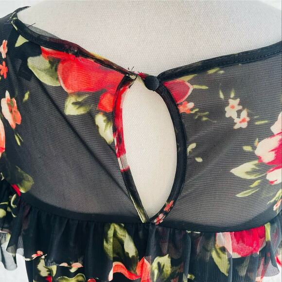 Sunday in Brooklyn Fabiana Floral Top Blouse Black Red Ruffles Sheer Scoop XS - Picture 6 of 10